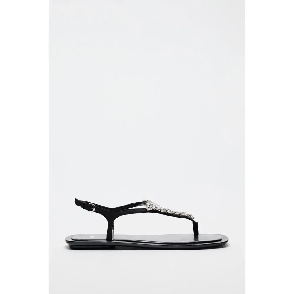 Black Zara Rhinestone Jewel Embellished Open-Toe Ankle Strap Flat Sandals (NWT) - Picture 5 of 8